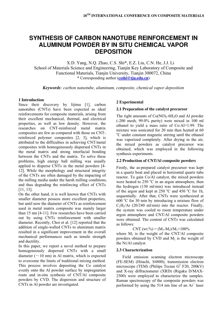 synthesis of carbon nanotube reinforcement in aluminum