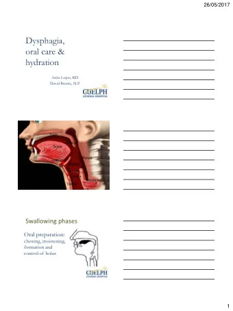 Dysphagia,  oral care &amp;  hydration  Anita Lopes, RD  David Beattie, SLP  Palate  Velum  Tongue