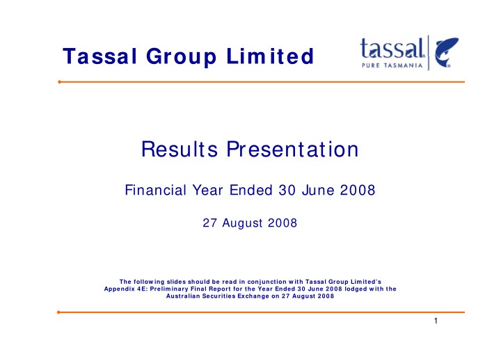 tassal group lim ited tassal group lim ited results