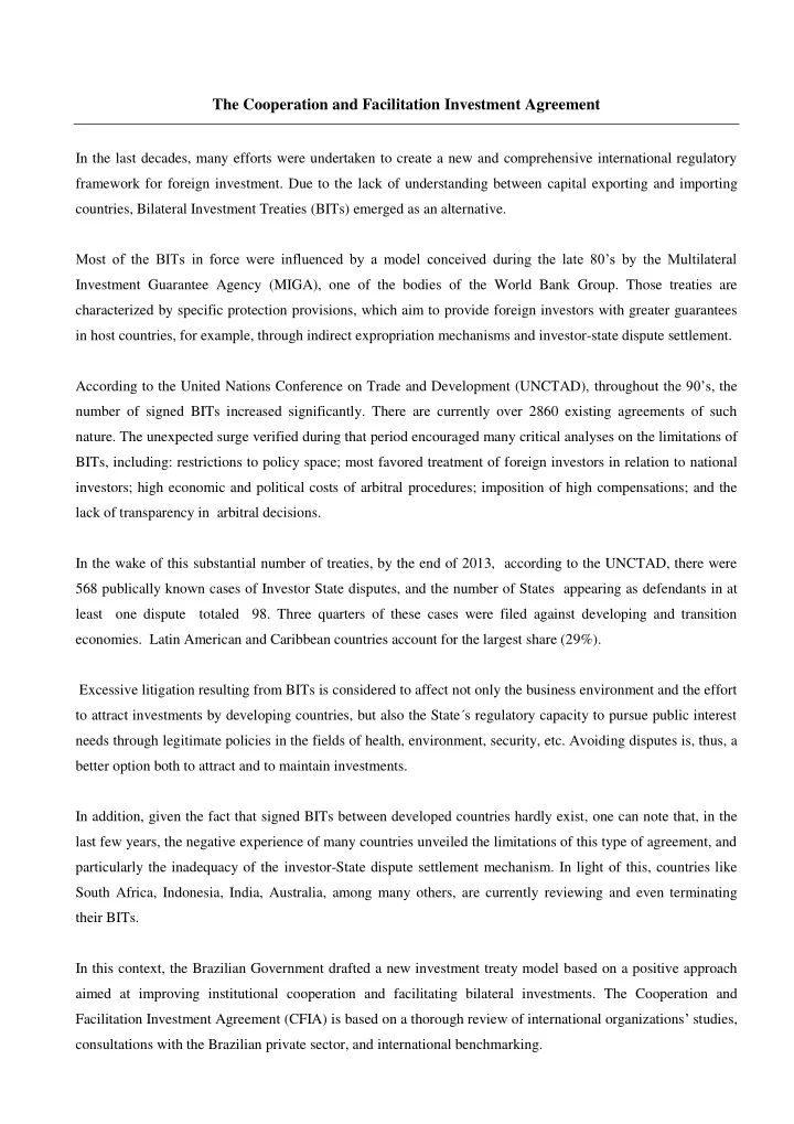 the cooperation and facilitation investment agreement
