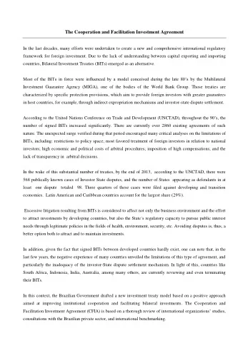 The Cooperation and Facilitation Investment Agreement  In the last decades, many efforts were