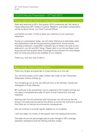 1Q 2010 Results Presentation  27 th April 2010  Fergus MacLeod, Head of Investor Relations