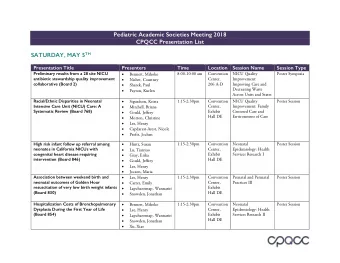 Pediatric Academic Societies Meeting 2018  CPQCC Presentation List SATURDAY, MAY 5 TH  Presentation