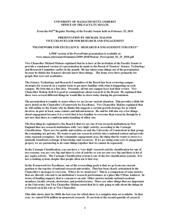 UNIVERSITY OF MASSACHUSETTS AMHERST  OFFICE OF THE FACULTY SENATE From the 692 nd Regular Meeting