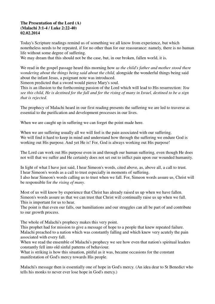 the presentation of the lord a malachi 3 1 4 luke 2 22 40