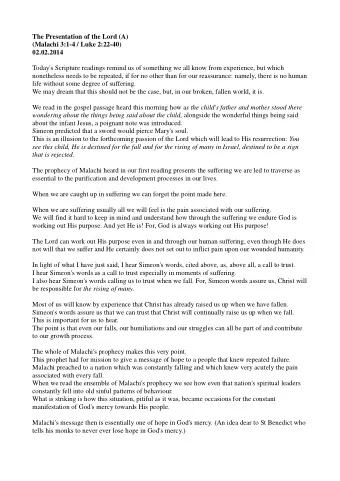 The Presentation of the Lord (A)  (Malachi 3:1-4 / Luke 2:22-40)  02.02.2014  Today's Scripture