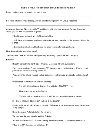 Bob's 1 Hour Presentation on Celestial Navigation  Props:  globe, round paper cutouts, scotch tape