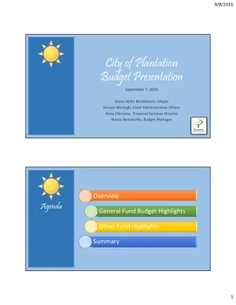City of Plantation  Budget Presentation September 7, 2016 Diane Veltri Bendekovic, Mayor Horace