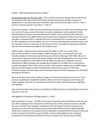 CUHRE  DSGI Presentation Summary 7/28/17  Upcoming Changes for Plan Year 2018  This is a