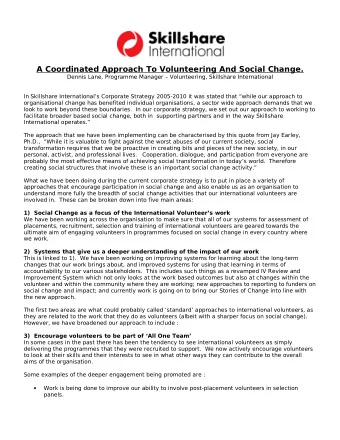 A Coordinated Approach To Volunteering And Social Change.  Dennis Lane, Programme Manager