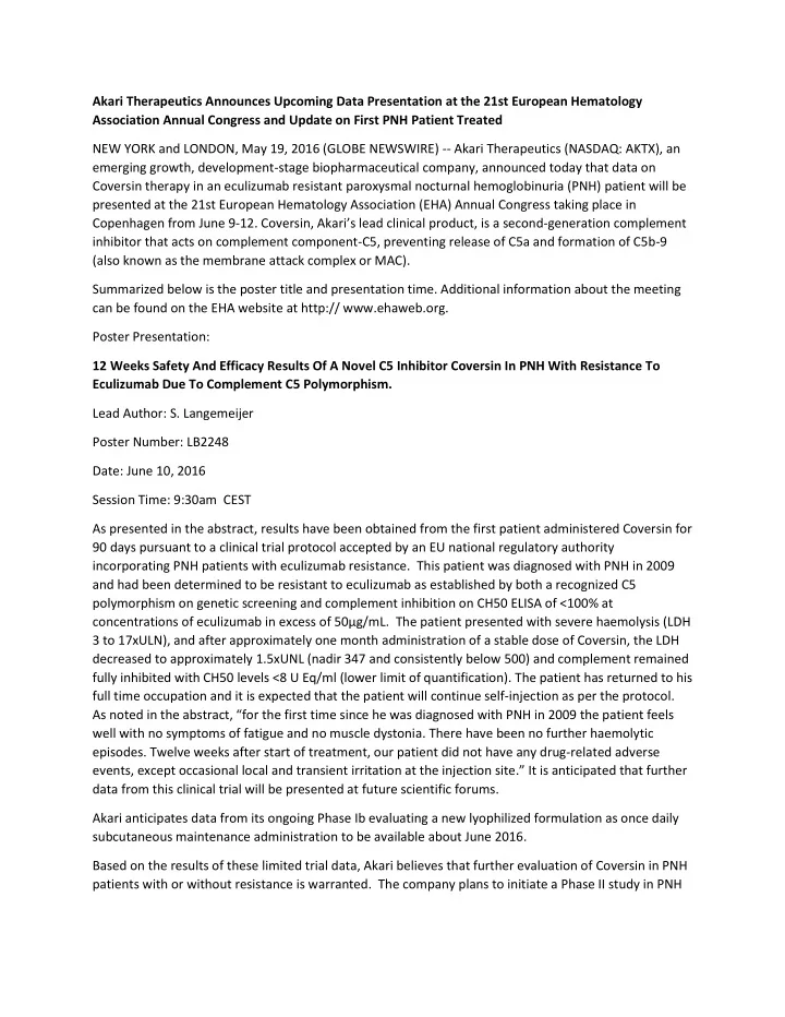 akari therapeutics announces upcoming data presentation