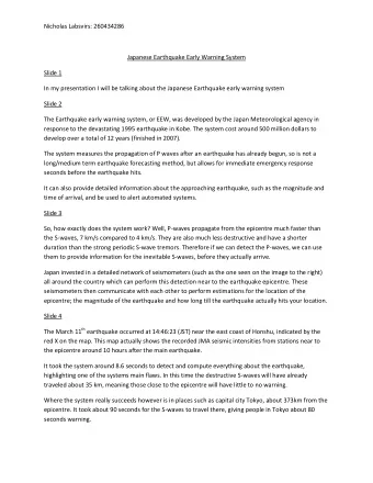 Nicholas Labsvirs: 260434286  Japanese Earthquake Early Warning System  Slide 1  In my presentation