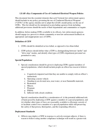 LEABs Key Components of Use of Conducted Electrical Weapon Policies  This document lists the