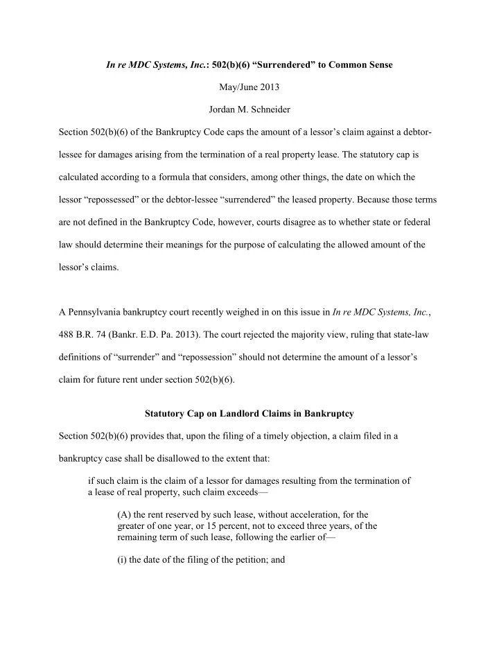 in re mdc systems inc 502 b 6 surrendered to common sense