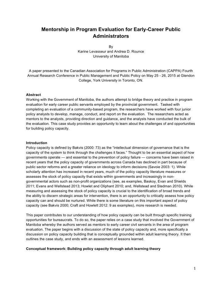 mentorship in program evaluation for early career public
