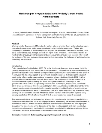 Mentorship in Program Evaluation for Early-Career Public  Administrators  By  Karine Levasseur and