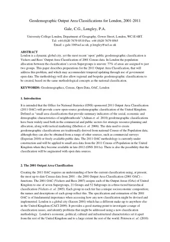 Geodemographic Output Area Classifications for London, 2001-2011  Gale, C.G., Longley, P.A.