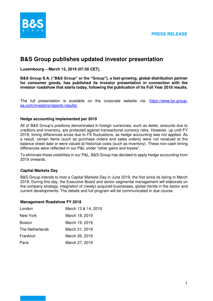 b s group publishes updated investor presentation