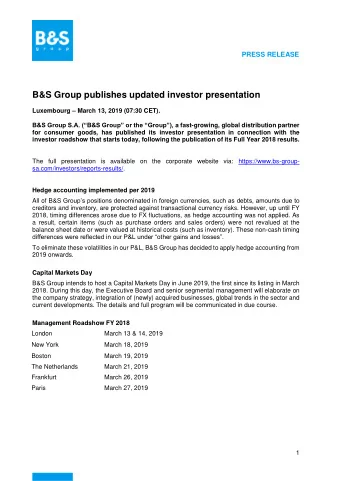 B&amp;S Group publishes updated investor presentation Luxembourg  March 13, 2019 (07:30 CET).
