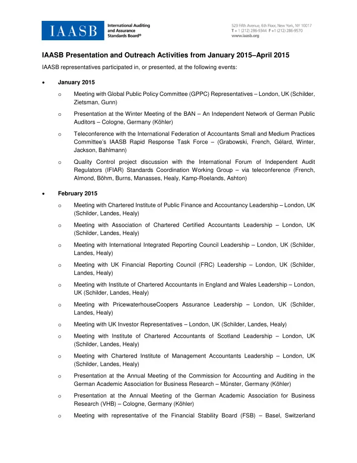 iaasb presentation and outreach activities from january