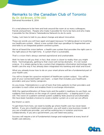 Rema  Remarks to t  o the C  he Cana  nadi  dian C  n Club of  ub of Tor  oront  onto  By D  Dr. Ed