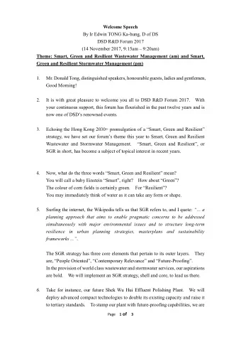 Welcome Speech By Ir Edwin TONG Ka-hung, D of DS DSD R&amp;D Forum 2017 (14 November 2017, 9:15am