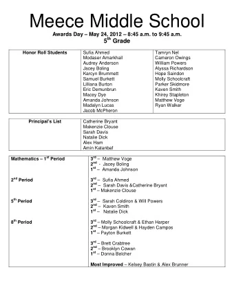 Meece Middle School  Awards Day  May 24, 2012  8:45 a.m. to 9:45 a.m. 5 th Grade  Honor Roll