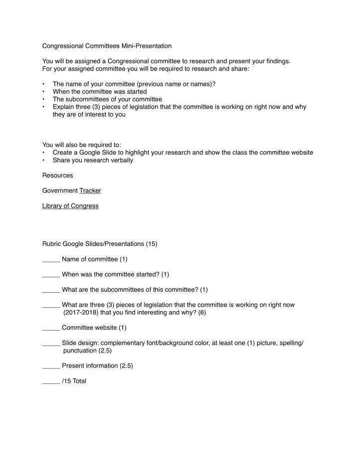 congressional committees mini presentation you will be