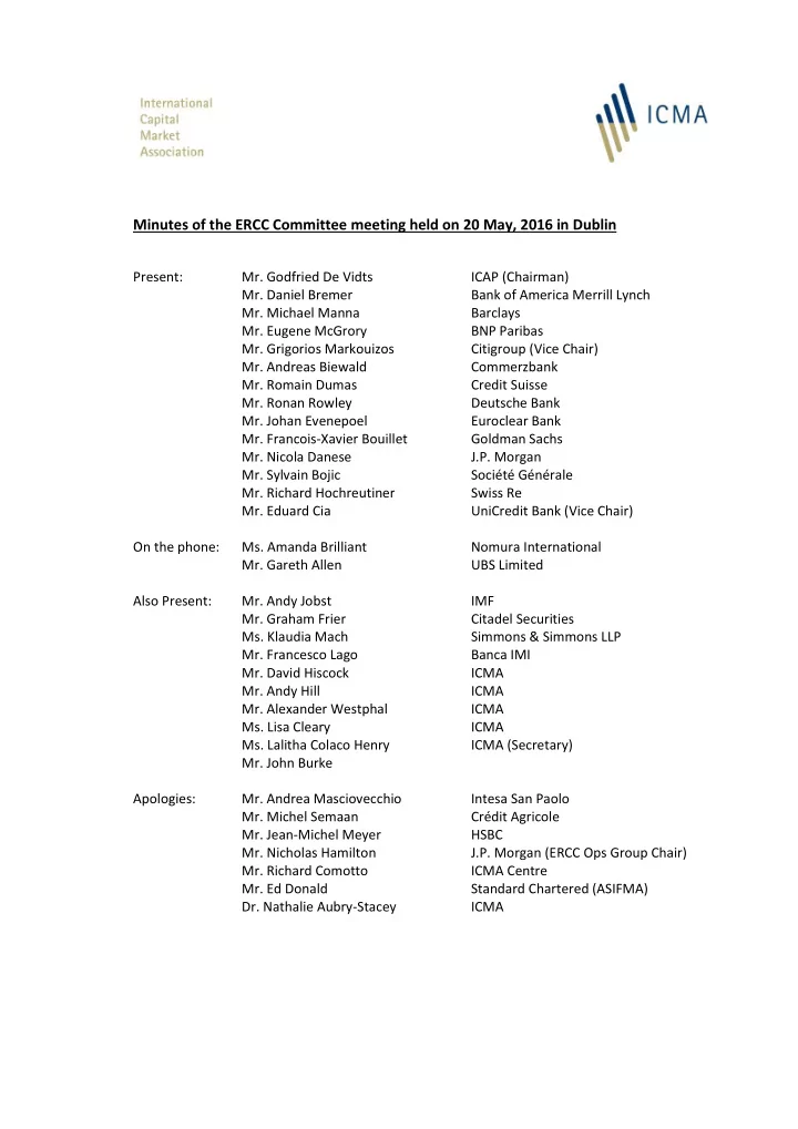 minutes of the ercc committee meeting held on 20 may 2016