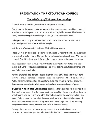 PRESENTATION TO PICTOU TOWN COUNCIL  The Ministry of Refugee Sponsorship  Mayor Hawes, Councillor,