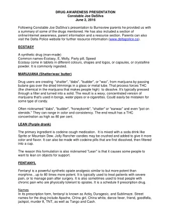 DRUG AWARENESS PRESENTATION  Constable Joe DaSilva  June 2, 2016  Following Constable Joe