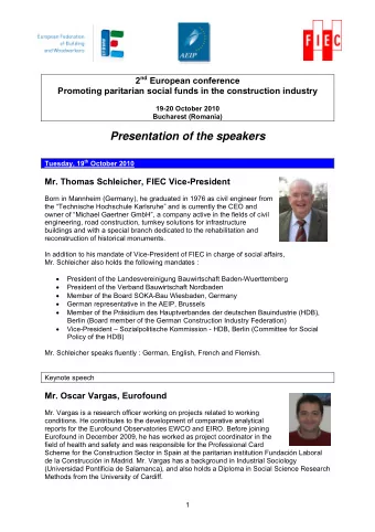 Presentation of the speakers Tuesday, 19 th October 2010  Mr. Thomas Schleicher, FIEC