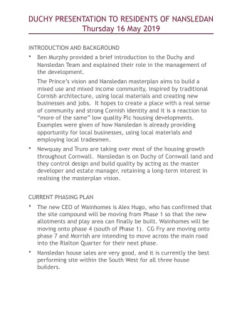 DUCHY PRESENTATION TO RESIDENTS OF NANSLEDAN  Thursday 16 May 2019  INTRODUCTION AND BACKGROUND