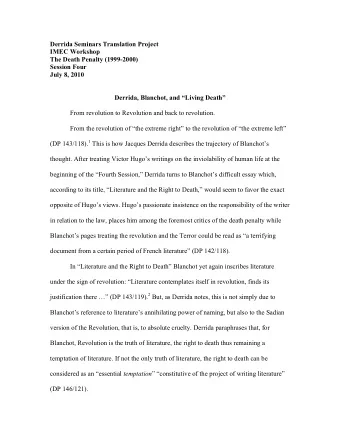 Derrida Seminars Translation Project  IMEC Workshop  The Death Penalty (1999-2000)  Session Four