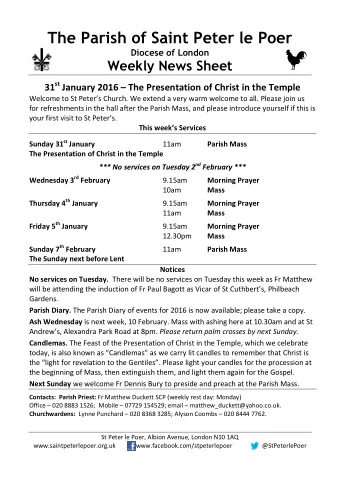 Readings for Sunday 31 January, the Presentation of Christ in the Temple First Reading (Malachi 3.1