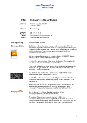 Info:  Mediaservice Rainer Beddig Adresse:  Kaiserin-Augusta-Allee 101  D - 10553 Berlin Inhaber: