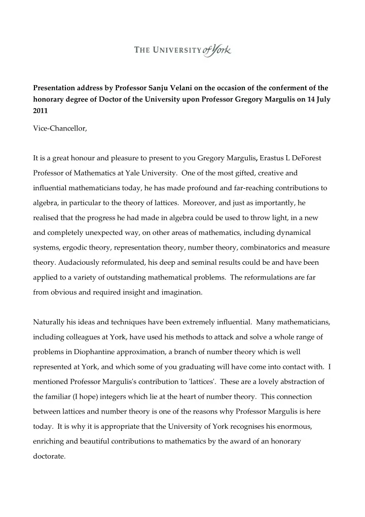 presentation address by professor sanju velani on the