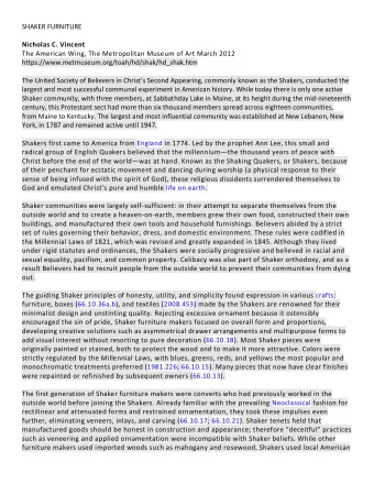 SHAKER FURNITURE Nicholas C. Vincent  The American Wing, The Metropolitan Museum of Art March 2012