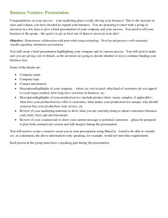 Business Venture: Presentation Rubric  Grade:___________/50 Digital Tools Demonstration  Item