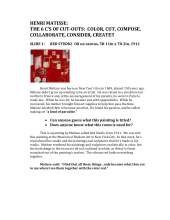 HENRI MATISSE: THE 6 CS OF CUT -OUTS:  COLOR, CUT, COMPOSE,  COLLABORATE, CONSIDER, CREATE!!