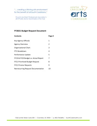 FY2021 Budget Request Document  Contents  Page #  Key Agency Officials  1  Agency Overview  2