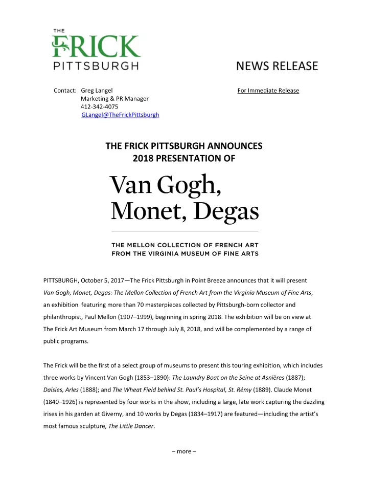 the frick pittsburgh announces 2018 presentation of