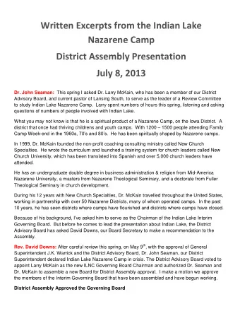 July 8, 2013 Dr. John Seaman: This spring I asked Dr. Larry McKain, who has been a member of our