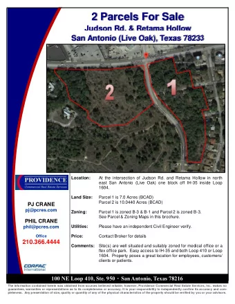 2 Parcels For Sale  Judson Rd. &amp; Retama Hollow  San Antonio (Live Oak), Texas 78233  Location:
