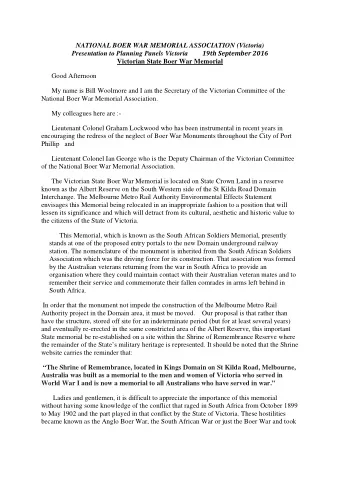 NATIONAL BOER WAR MEMORIAL ASSOCIATION (Victoria) Presentation to Planning Panels Victoria 19th