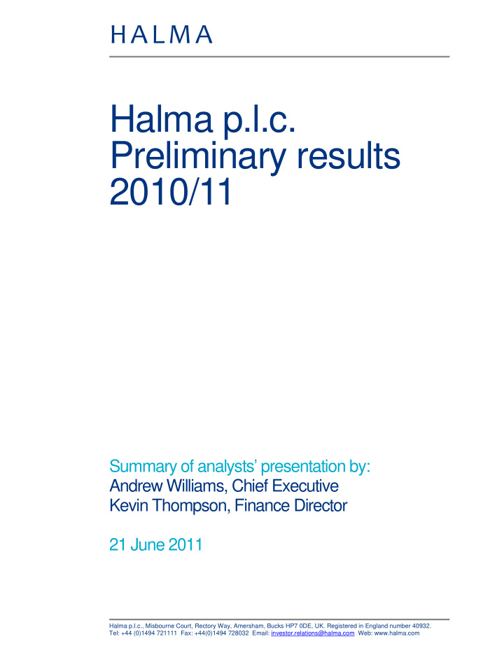 halma p l c preliminary results 2010 11