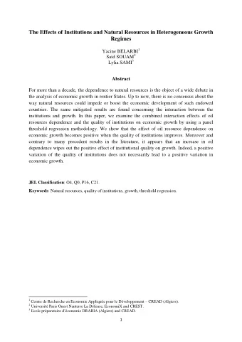The Effects of Institutions and Natural Resources in Heterogeneous Growth  Regimes Yacine BELARBI 1