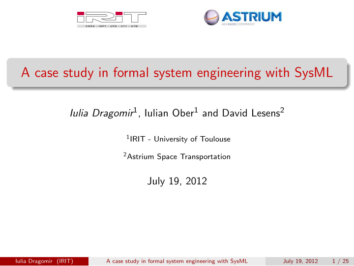 a case study in formal system engineering with sysml