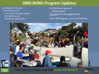 2000 BOND Program Updates  $110 M bond amount  82 COMPLETE Projects  3 ACTIVE Projects  10 M