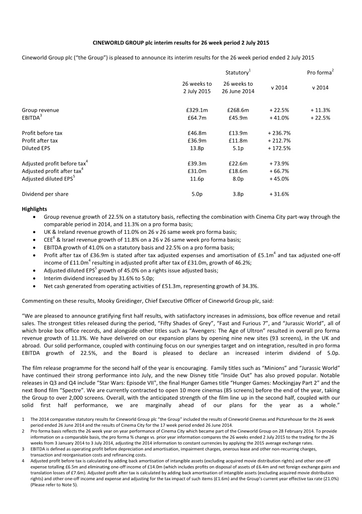 cineworld group plc interim results for 26 week period 2